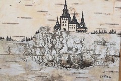 Original Painting Miniature Folk Art White Birch Bark Church Signed Sasin M.