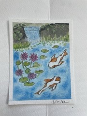 ACEO Koi Fish Lotus Waterfall Pond Watercolor Original Painting Signed Art Card