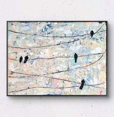 Birds on a Wire Original Mixed Media Painting Abstract Bird Wall Art Landscape