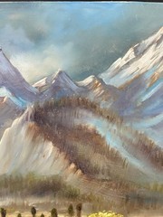 Burl Chalmers Oil on Board Snow Peak Mountain River Landscape Painting Signed