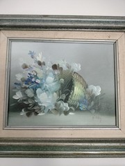 Vintage Floral Oil Paintings Set of 2 Signed Roxy Framed Blue White Cottage Art