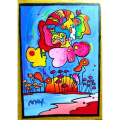 PETER MAX „Flower Faces“ signed Beautiful Pop Art Acrylic Hand Painting NEW