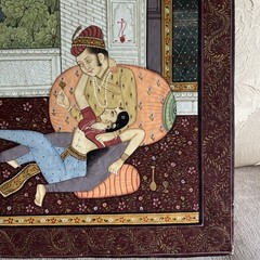 Indian Miniature Painting Of King & Queen Love Scene Art On silk 14 x 19 Inches