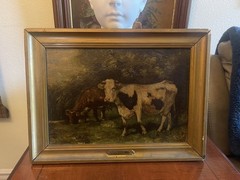 Antique 19thC Oil Painting – Cow Pastoral Rural Scene – ‘When Bay Is Over’