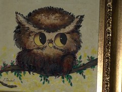 Authentic ORIGINAL Baby Owl Bird Brown Beige Happy Limb Tree Signed Oil Canavas