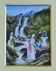 Caribbean Folk Art Oil Painting of women in a mountain stream signed Miro