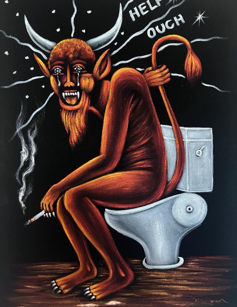 Satan red devil on the toilet restroom black velvet oil painting art
