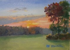 Original Oil Painting Signed Sunset Unframed Greens Oranges Yellow Landscape