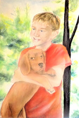 Wall Art original painting boy and dog with trees on paper mixed media
