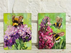 Original Oil Painting Set Magnets Bumblebee Flowers Artwork Signed 4×3 in
