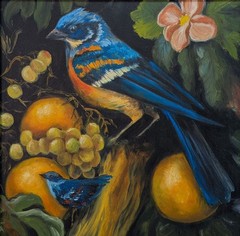 art 115 original oil painting framed Still life with bird 27,5×27,5 cm realizm