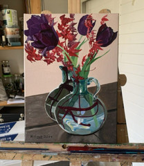 Painting Original, Still Life, Vase And Tulips Front Un Mirror, 9 3/8in x 13in
