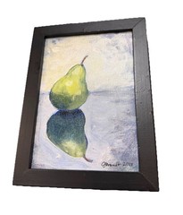 2017 Jen Brandt Acrylic Board Green Pear Still Life Painting Wood Frame 8 × 6”
