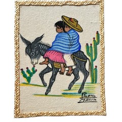 Vintage 2 Mexican Folk Art Burlap Signed Paintings Children Donkey Cactus 12×10