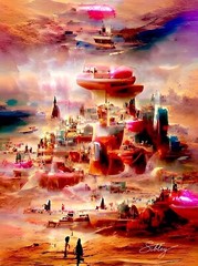Original Abstract signed Art Print CITY ON MARS on 8 X 10 Canvas Board