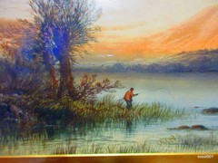 Antique Framed Edwin Earp Scenic Romanticism Watercolor Painting Fishing Wales