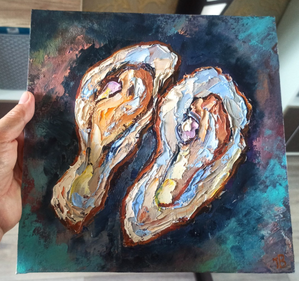 Original Oil Painting on Canvas Board 25x25cm Oysters Still Life Signed Art