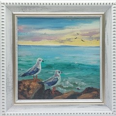 Seagulls on Beach Original Oil Painting Ocean Sunset Miniature Art 4×4 inch