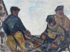 Expressionist 3 Fishermen on Baltic Sea Beach Maritime Oil Painting 65.5x45cm