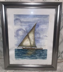 Zanzibar ‘06 Sail Boat Sea Watercolor Signed Custom Matted Framed 13.25”X16.25”