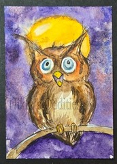 Aceo Original Watercolor art Barn Owl Night Moon Halloween Fantasy Nikki C