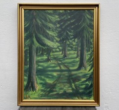 Oil painting green coniferous forest nature painting Denmark BK monogram 95x76cm