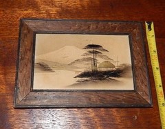 Antique Japanese Wood Block Painting (or Print), Early Village and Mt. Fuji.