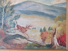 1968 Vintage OIL PAINTING DEER Woods Forest Trees Mountains Scenery in FRAME