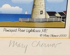 VTG Lighthouse Print Signed Coastal New England Art Watch Hill Beavertail RI MA