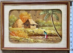 Vintage Asian Leaf Painting Real Peepal Leaf Oil Art Rice Field Landscape Framed