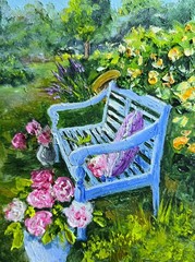 Garden Bench with Hat Oil Painting 21×26 cm Flowers Landscape Painting with Frame