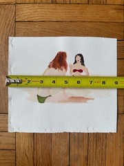 VTG 1990’s Watercolor Painting Women Chatting Beach Swimsuits 9 x 8 OOAK