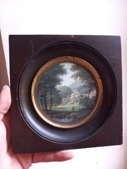 Landscape Animated Style 18th Miniature On Paper Cardboard Xixth Century Frame