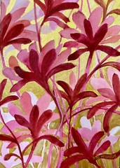 Pamela Wilhelm Watercolor 5”x7” Original Red velvet Fantasy Floral Gold Pink