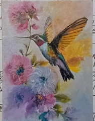 Hand painted bird painting Hummingbird oil painting 3 1/4 x 4 5/8 inch