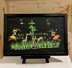 Vintage African Tribal Folk Art Painting on Fabric Signed & Framed MCM 11″x17″