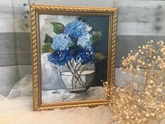 FRAMED Original Hydrangea Glass Vase Oil PAINTING Shabby Cottage Wall ART 8×10
