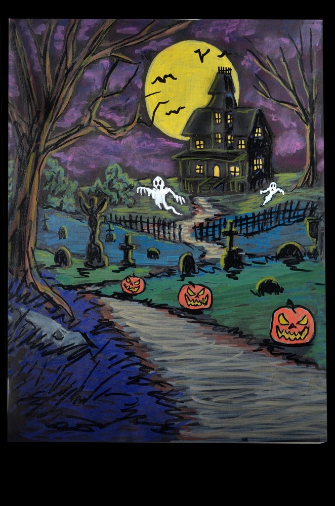 Halloween Acrylic Painting Horror Haunted House ghosts Pumpkin Original Art D