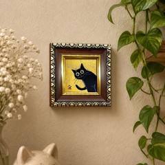 Black Cat with Gold Background Mini Oil Painting, Original Cat Art, Dopamine Art