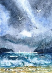 Watercolor Seascape Stormy sky Nautical Ocean Storm Art Relaxing marine art