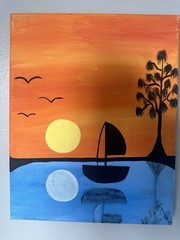 Original Sunset Boat Lake Acrylic Painting on Canvas, Tree Birds, Small Unframed