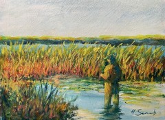Original Oil Painting Fisherman in Marsh Wetland Landscape 12×16 Andy Semberecki