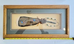 Hand Painted Kokopelli Turkey Feather Art Southwest Collage Framed Beaded 22″