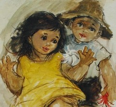 Vintage Oil on Canvas Of Two Children by Listed Filipino Artist Salvador Cabrera