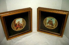 Spain Miniature Oil Paintings 24KT Gold Etched Trays Toledo Damascene Ware RARE