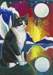 5×7 PRINT OF PAINTING RYTA FOLK TUXEDO CAT ANGEL Art Christmas Northern Lights