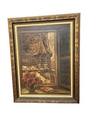 Vtg 1953 Oil on Canvas Signed J. Beck 24×18 Heavy Impasto Europe Village Window