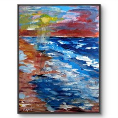 Ocean Beach Sunset 9×12 Painting Impressionist Seascape Blue Canvas SWhite