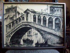ITALY VENICE CANAL SCENE ORIGINAL PENCIL-PASTEL DRAWING FRAMED PAINTING