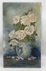 Mid Century Still Life Roses Blue Vase, Flowers, Cottagecore